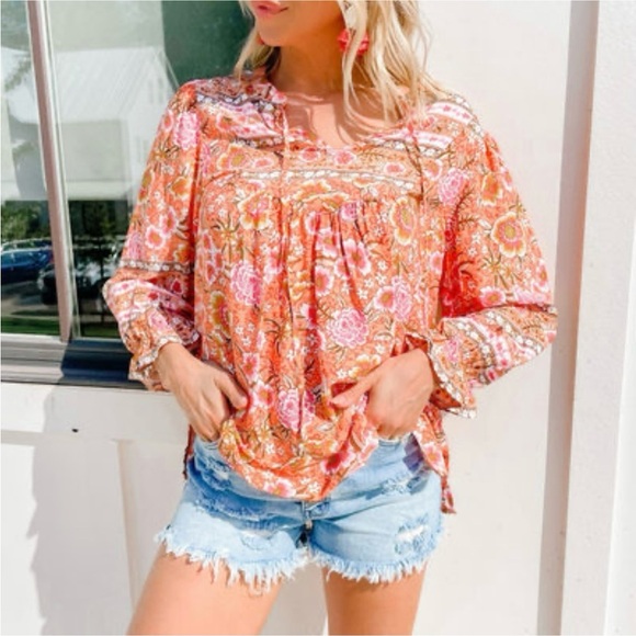 Umgee tangerine orange mix print floral top size M - Picture 5 of 14